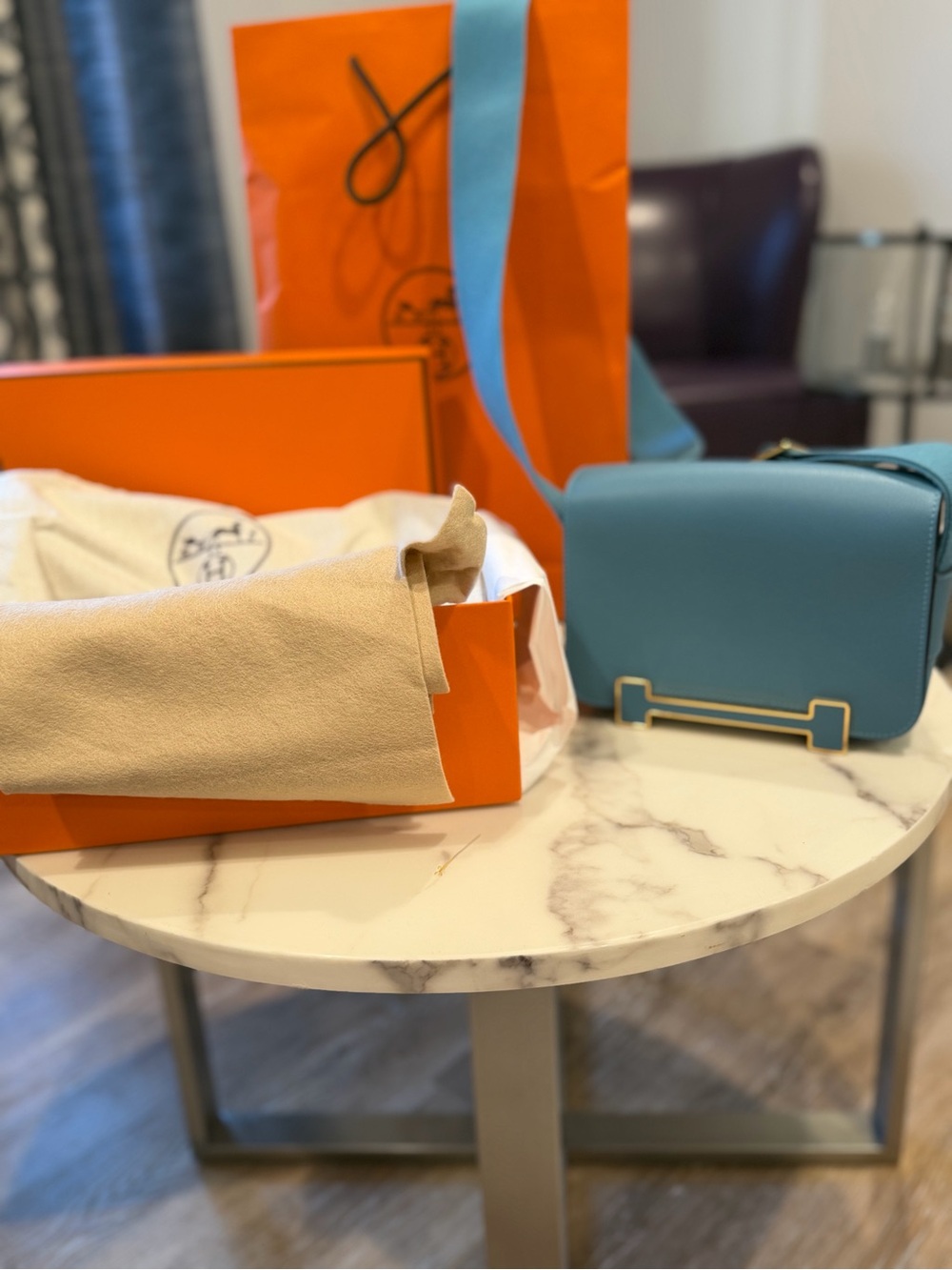 Hermès Geta Blue Jean Chevre Mysore Gold Hardware